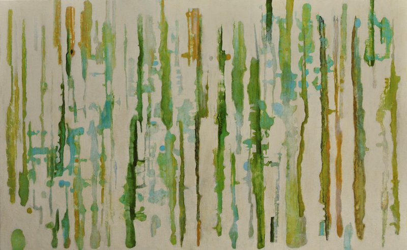 Lumenis 7, encaustic monotype and acrylic glazes on panel, 32x52