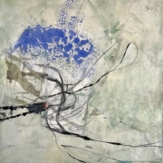 Tracey Adams - Tangle 21, collage, encaustic, charcoal and inbk on panel, 18×18, 2022