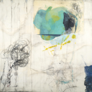 Tracey Adams - Untethered Soul, Collage, Encaustic, Graphite, Ink on panel, 36×36, 2022