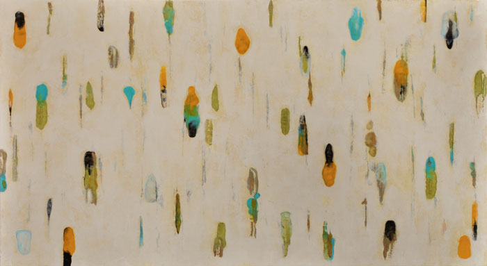 Lumenis 14, encaustic monotype and acrylic glazes on panel, 22x39